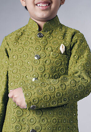 Embroidered Georgette Sherwani Set in Olive Green