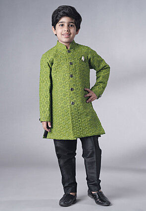 Embroidered Georgette Sherwani Set in Olive Green