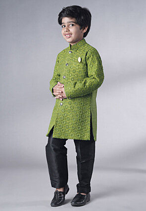 Embroidered Georgette Sherwani Set in Olive Green