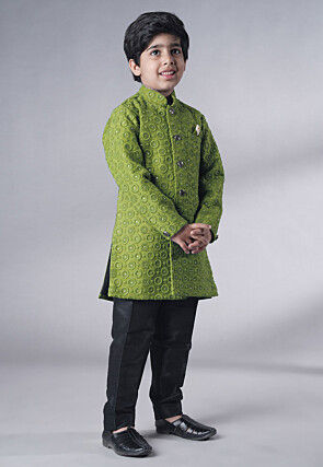 Embroidered Georgette Sherwani Set in Olive Green