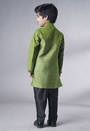 Embroidered Georgette Sherwani Set in Olive Green