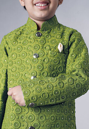 Embroidered Georgette Sherwani Set in Olive Green
