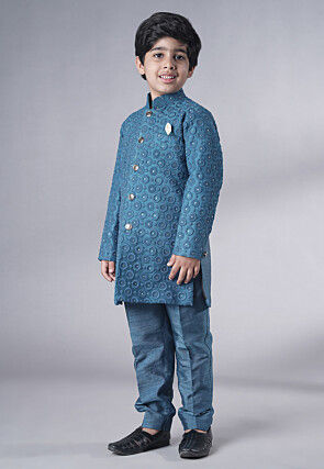 Embroidered Georgette Sherwani Set in Teal Blue