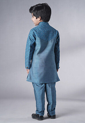 Embroidered Georgette Sherwani Set in Teal Blue