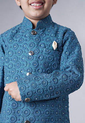 Embroidered Georgette Sherwani Set in Teal Blue