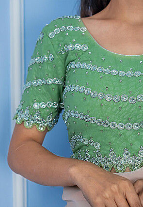 Embroidered Georgette Shimmer Padded Scalloped Blouse in Green