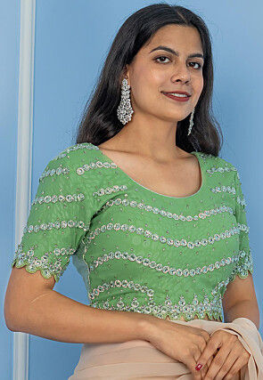 Embroidered Georgette Shimmer Padded Scalloped Blouse in Green