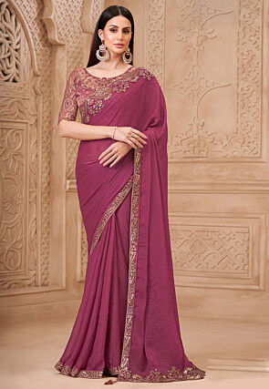 Embroidered Border Georgette Shimmer Saree in Purple