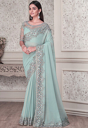 Embroidered Georgette Shimmer Saree in Sky Blue
