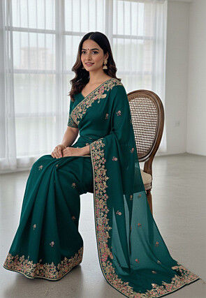 Embroidered Tissue Saree in Teal Blue