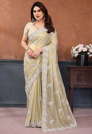 Embroidered Georgette Shimmer Scalloped Saree in Light Green