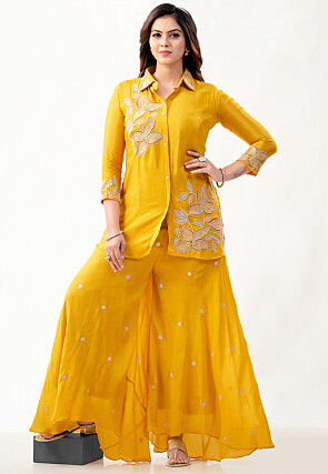 Embroidered Georgette Shirt Set in Mustard
