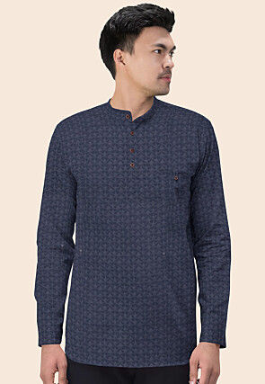 Embroidered Georgette Short Kurta in Navy Blue