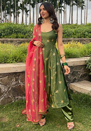Embroidered Georgette Silk A Line Suit in Green