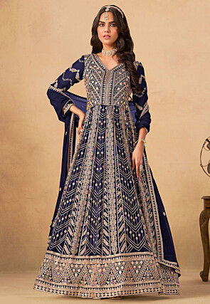 Embroidered Georgette Silk Abaya Style Suit in Navy Blue