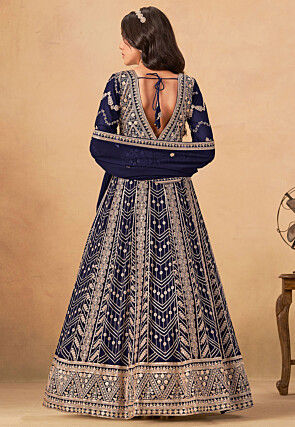 Embroidered Georgette Silk Abaya Style Suit in Navy Blue