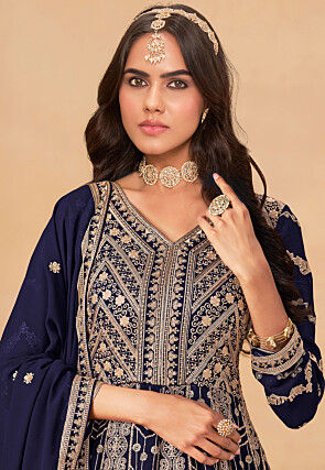 Embroidered Georgette Silk Abaya Style Suit in Navy Blue