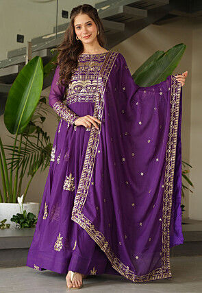 Embroidered Georgette Silk Abaya Style Suit in Purple