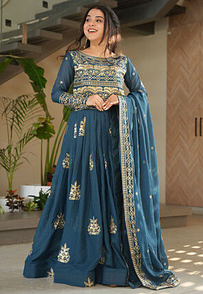 Embroidered Georgette Silk Abaya Style Suit in Teal Blue