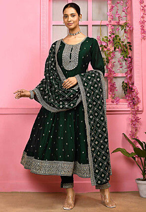 Embroidered Georgette Silk Anarkali Suit in Dark Green