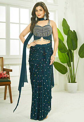 Embroidered Georgette Silk Crop Top Set in Dark Teal Green