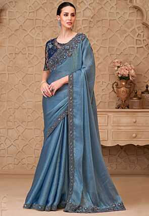 Embroidered Border Georgette Silk Crushed Saree in Dusty Blue