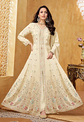 Embroidered Georgette Silk Front Open Abaya Style Suit in Beige