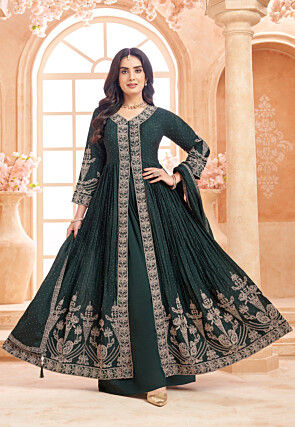 Embroidered Georgette Silk Front Open Abaya Style Suit in Green