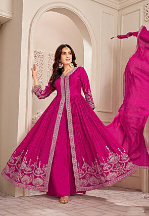 Embroidered Georgette Silk Front Open Abaya Style Suit in Fuchsia