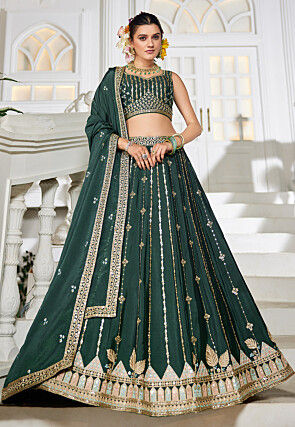 Embroidered Georgette Silk Lehenga in Dark Green