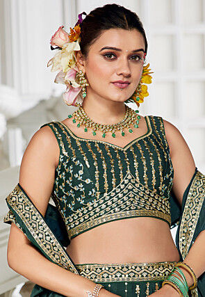 Embroidered Georgette Silk Lehenga in Dark Green