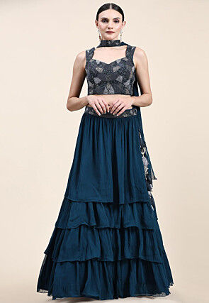 Embroidered Georgette Silk Lehenga in Navy Blue