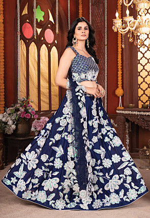 Embroidered Georgette Silk Lehenga in Navy Blue