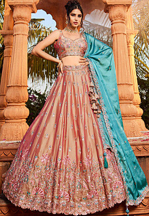 Embroidered Georgette Silk Lehenga in Peach
