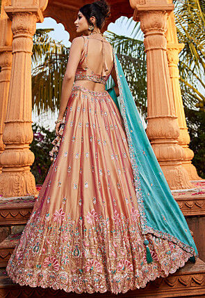 Embroidered Georgette Silk Lehenga in Peach