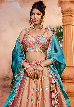 Embroidered Georgette Silk Lehenga in Peach