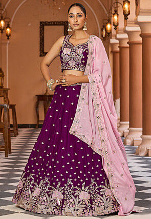 Embroidered Georgette Silk Lehenga in Purple