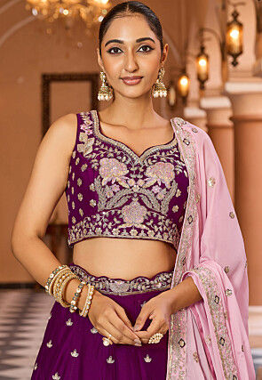Embroidered Georgette Silk Lehenga in Purple