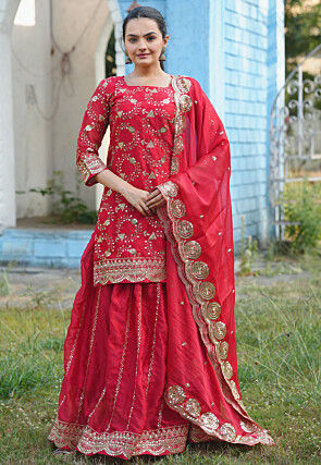 Embroidered Georgette Silk Lehenga in Red