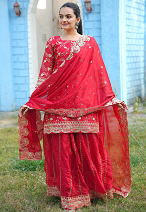 Embroidered Georgette Silk Lehenga in Red