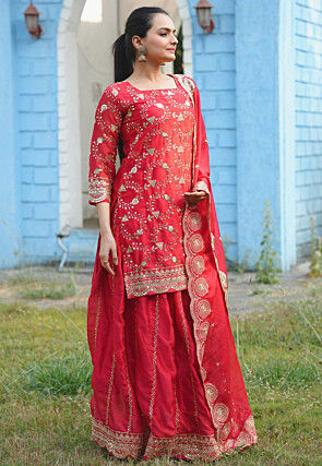 Embroidered Georgette Silk Lehenga in Red