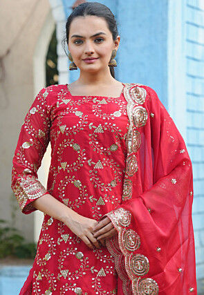 Embroidered Georgette Silk Lehenga in Red