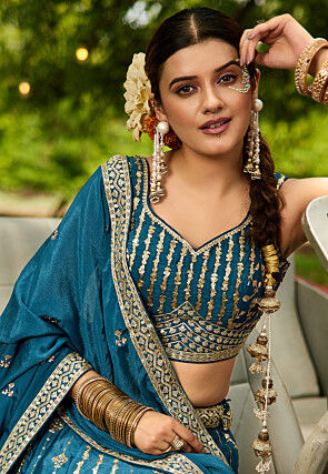 Embroidered Georgette Silk Lehenga in Teal Blue