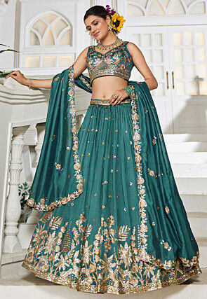Embroidered Georgette Silk Lehenga in Teal Green