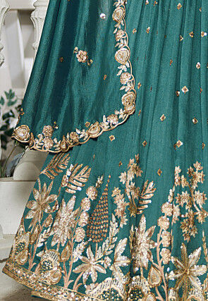 Embroidered Georgette Silk Lehenga in Teal Green