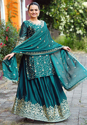 Embroidered Georgette Silk Lehenga in Teal Green