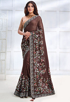 Embroidered Georgette Silk Saree in Brown