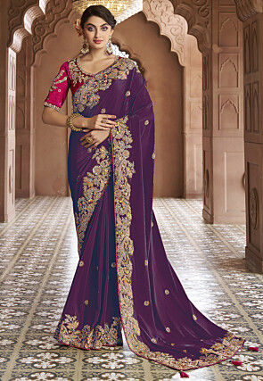 Embroidered Georgette Silk Saree in Dark Purple