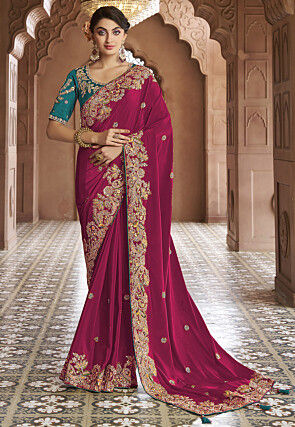 Embroidered Georgette Silk Saree in Fuchsia