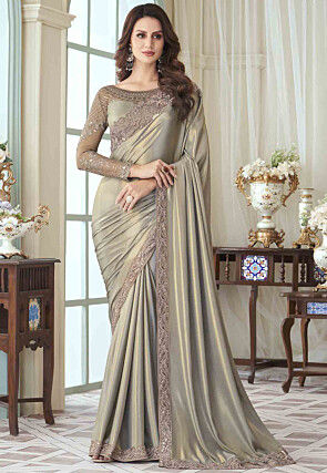 Embroidered Georgette Silk Saree in Light Olive Green